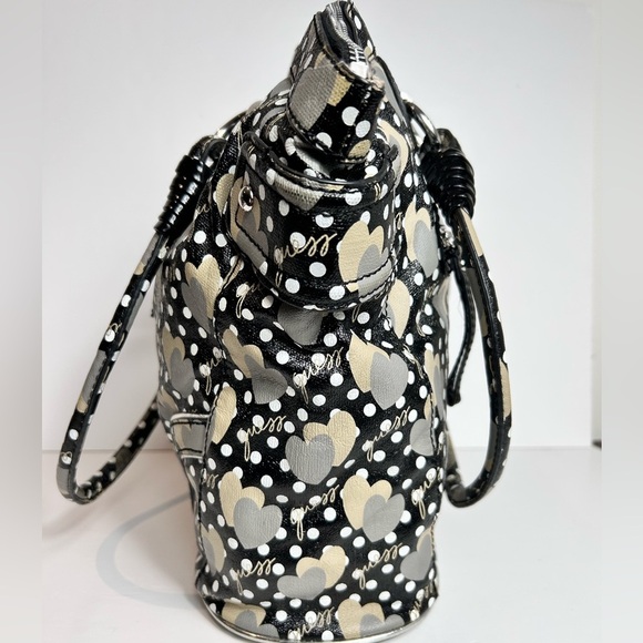Guess Black Cream Polka Dots Tote Bag, Dual Handles, Heart Pattern Keychain NWOT - Picture 7 of 16